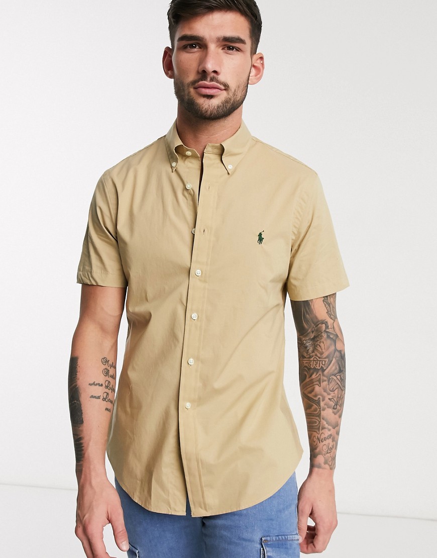 Polo Ralph Lauren - Slim-fit poplin overhemd met korte mouwen en logo in lichtbruin