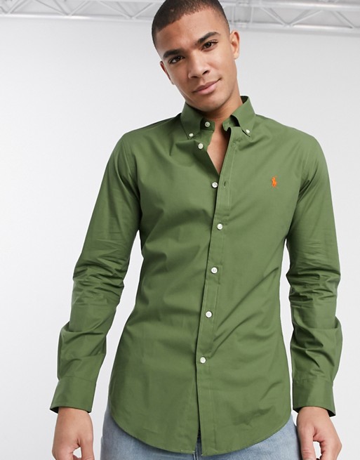 Polo Ralph Lauren slim fit poplin shirt in olive button down with logo