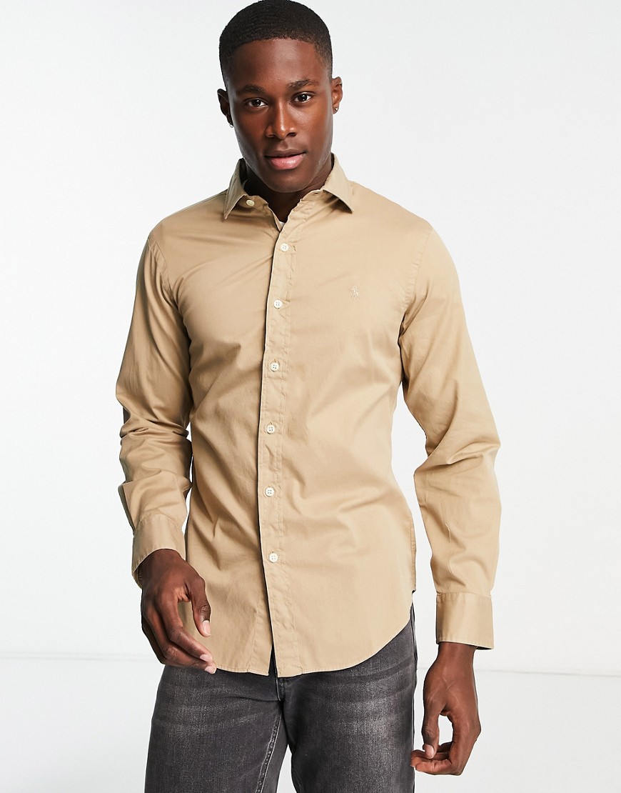 Polo Ralph Lauren slim fit shirt with pony logo in tan-Brown