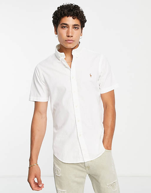 Really paint flute Polo Ralph Lauren slim fit short sleeve chambray shirt with pony logo in  white | ASOS