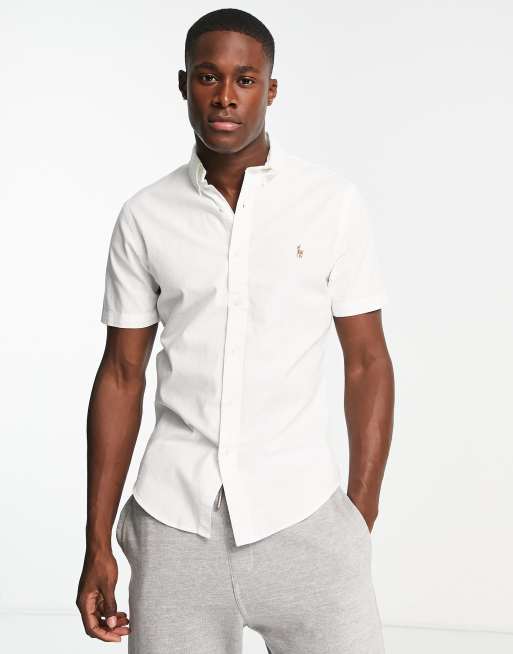 Short sleeve white store dress shirt slim fit