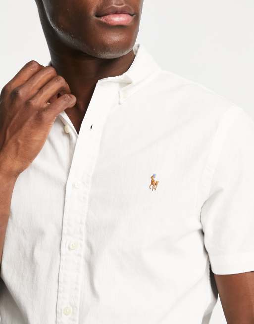 borstel Republikeinse partij zand Polo Ralph Lauren slim fit short sleeve chambray shirt with pony logo in  white | ASOS