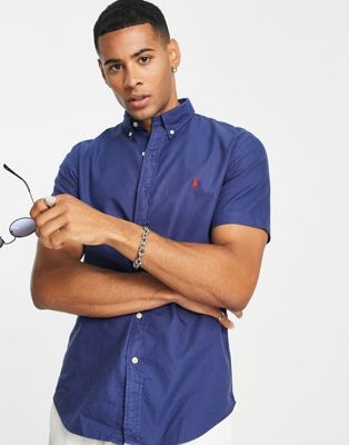 Polo Ralph Lauren slim fit short sleeve garment dyed oxford shirt with pony logo in navy - ASOS Price Checker