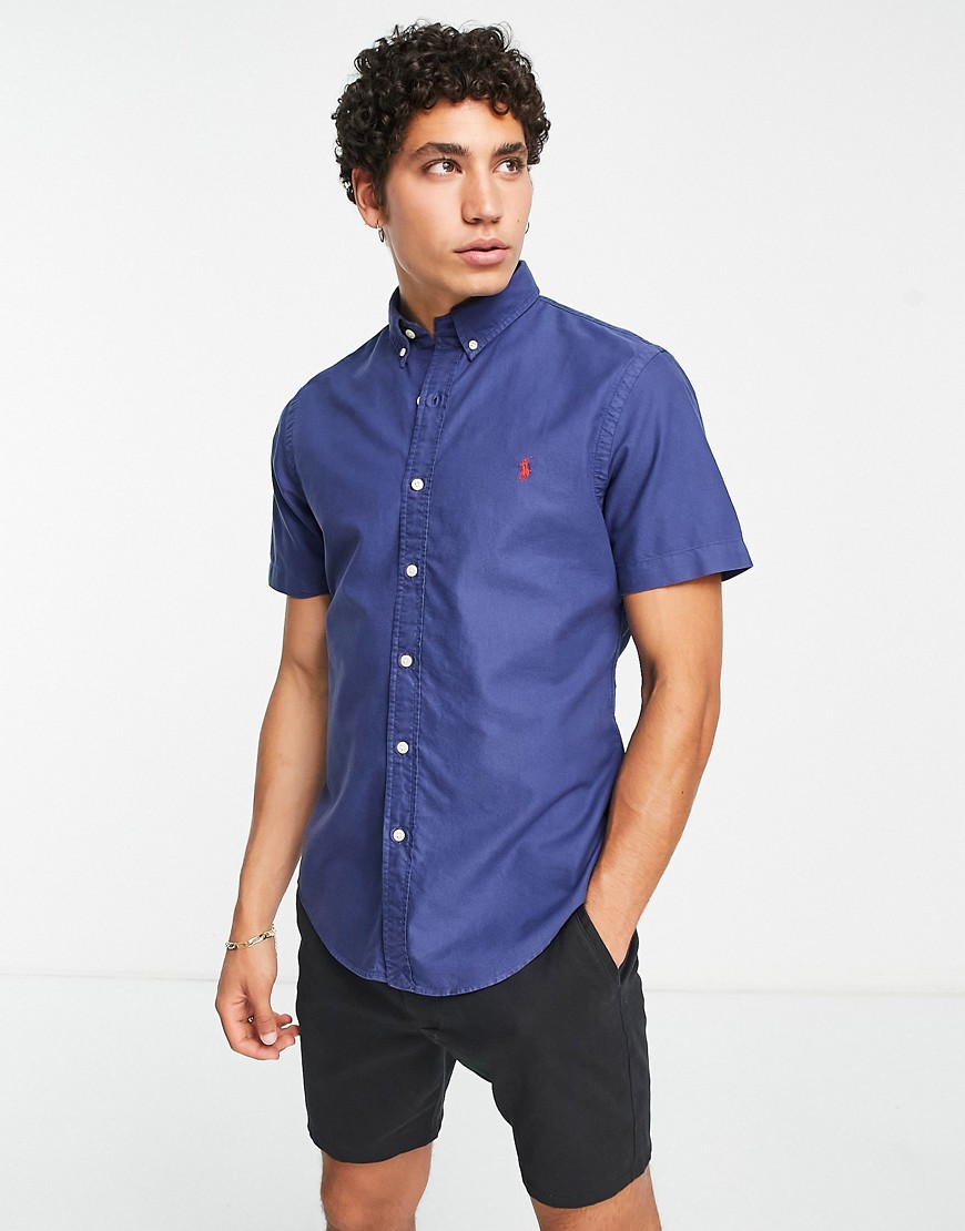 Polo Ralph Lauren slim fit short sleeve garment dyed oxford shirt with pony logo in navy