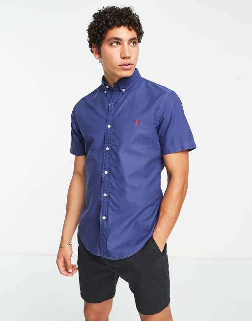 Polo Ralph Lauren slim fit short sleeve garment dyed oxford shirt with pony  logo in navy | ASOS