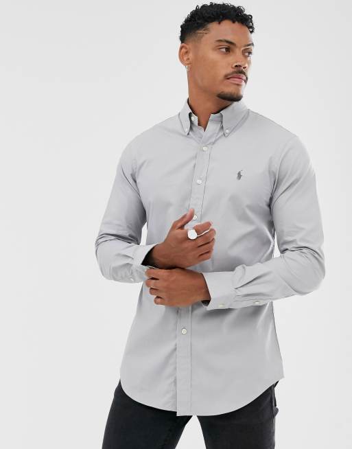 Polo Ralph Lauren slim fit stretch poplin button down shirt in light grey  with player logo | ASOS