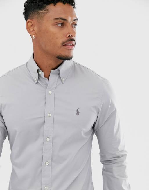 Polo Ralph Lauren slim fit stretch poplin button down shirt in light grey  with player logo | ASOS