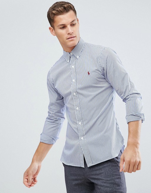 Polo Ralph Lauren Slim Fit Stripe Shirt Poplin Buttondown in Blue | ASOS