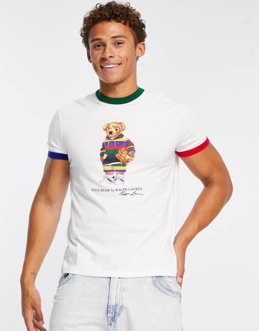 Polo Ralph Lauren slim fit t-shirt street basketball bear print in white |  ASOS