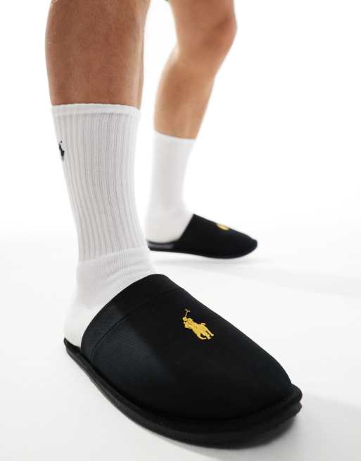 Solid Zip Polo slipper with gold logo in black