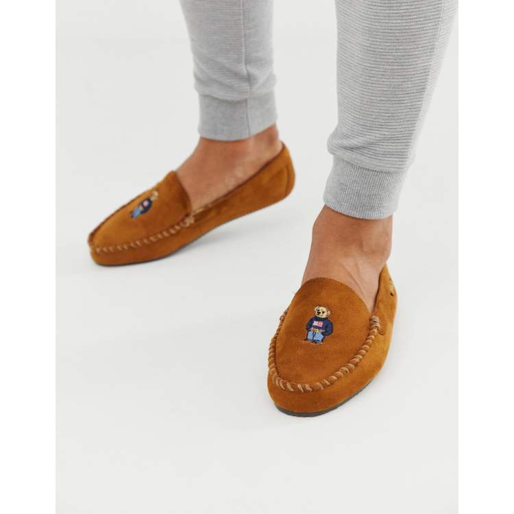 Polo Ralph Lauren slippers with american bear in tan | ASOS