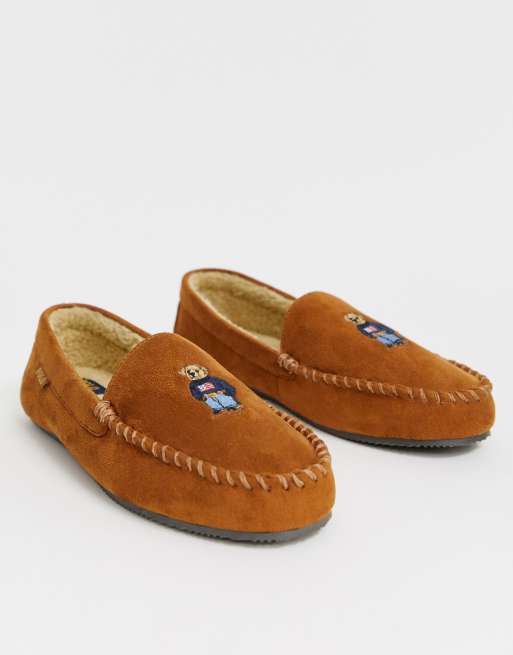 Polo Ralph Lauren slippers with american bear in tan | ASOS