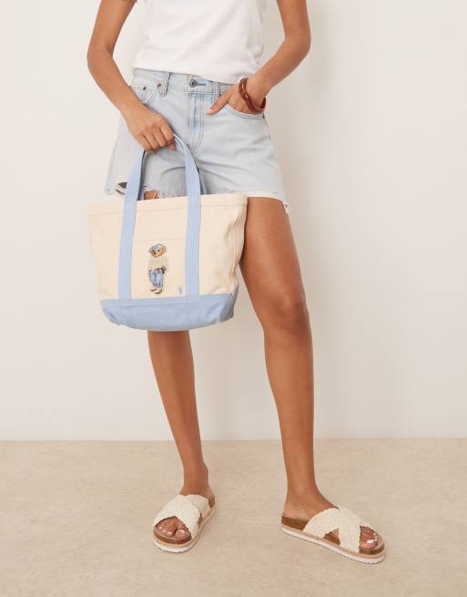 Polo Ralph Lauren small bear tote bag in cream and light blue, 3 of 4