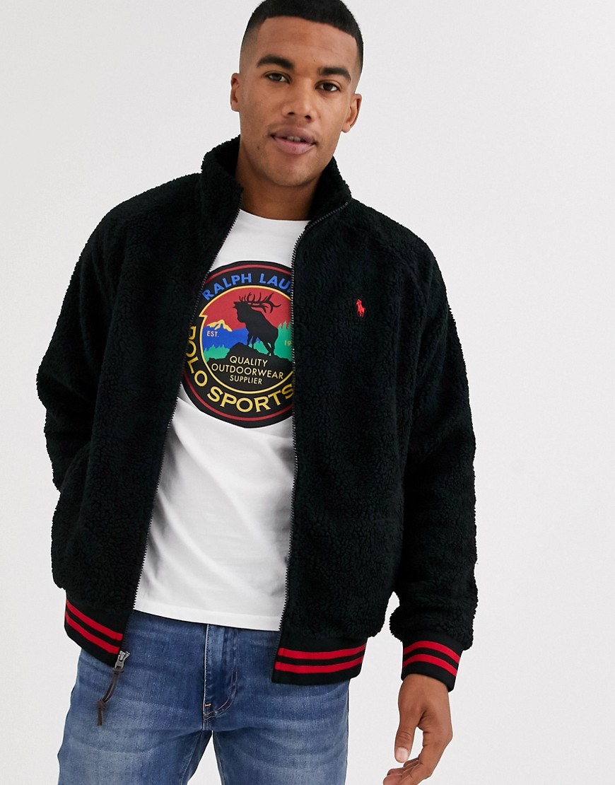 Polo Ralph Lauren - sort bomber-jakke i borg fleece med spiller-logo