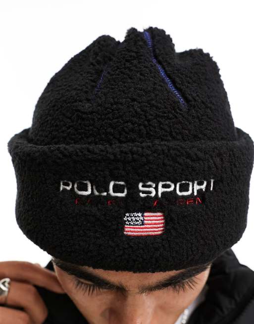 Polo Ralph Lauren - Sort hue med 'Sport'-logoprint i imiteret lammeskind 
