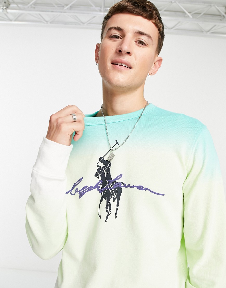 Polo Ralph Lauren spa terry script player logo dip dye sweatshirt in white multi