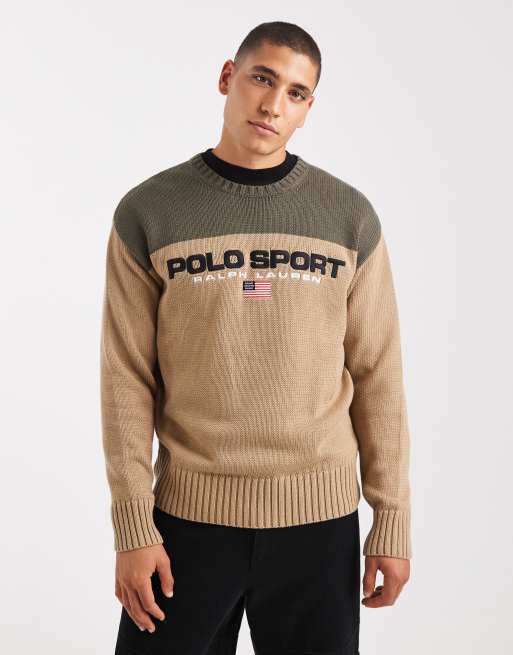 Polo Ralph Lauren - Sport Capsule - Beige/grøn unisex-trøje med flaglogo og farveblokke i kraftig bomuldsstrik