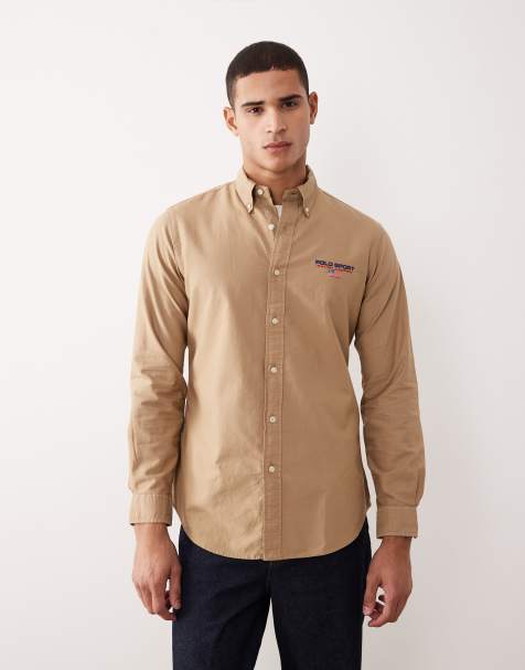 Polo Ralph Lauren - Sport Capsule - Camicia Oxford vestibilità custom fit tinta in capo kaki beige con logo bandiera piccolo - view 1
