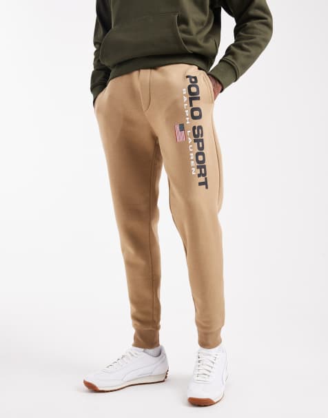 Polo Ralph Lauren Sport capsule flag logo fleece cuffed joggers in khaki beige