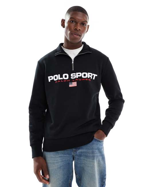 Polo Ralph Lauren - Sport Capsule - Felpa unisex in pile nera con logo a bandiera e zip corta