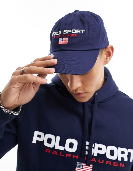 Polo Ralph Lauren – Sport Capsule – Granatowa, baseballowa czapka z daszkiem, z diagonalu, z logo