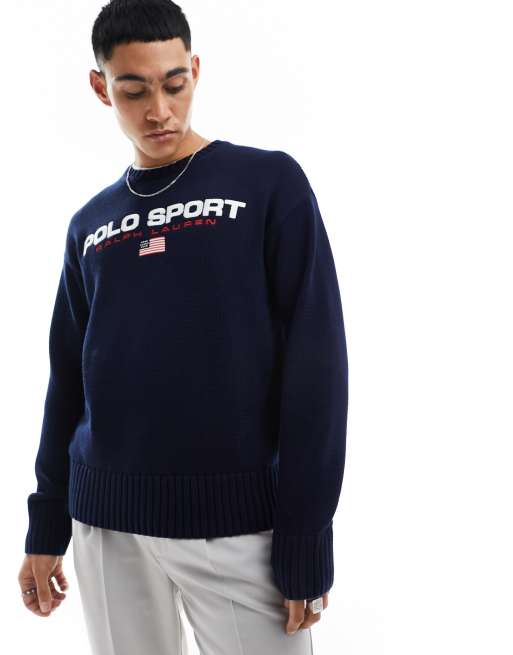 Polo Ralph Lauren – Sport Capsule – Granatowy sweter oversize z bawełnianej dzianiny z logo