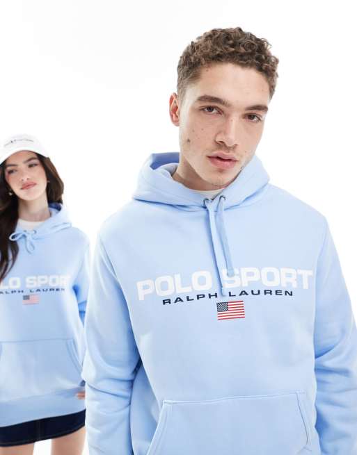 Polo Ralph Lauren – Sport Capsule – Jasnoniebieska bluza unisex z dużym logo z flagą na klatce piersiowej i kapturem