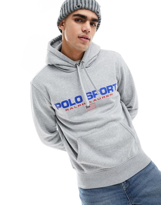 Polo Ralph Lauren – Sport Capsule – Kapuzenpullover in meliertem Grau mit Logo auf der Vorderseite