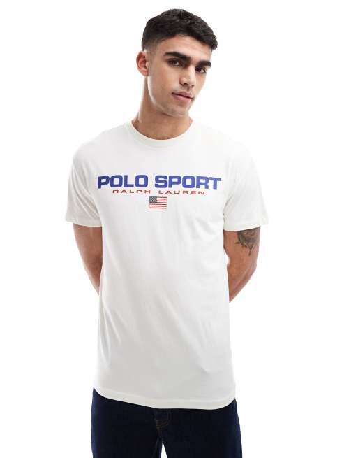 Polo Ralph Lauren – Sport Capsule – Kremowy T-shirt oversize z dużym logo z flagą na piersi