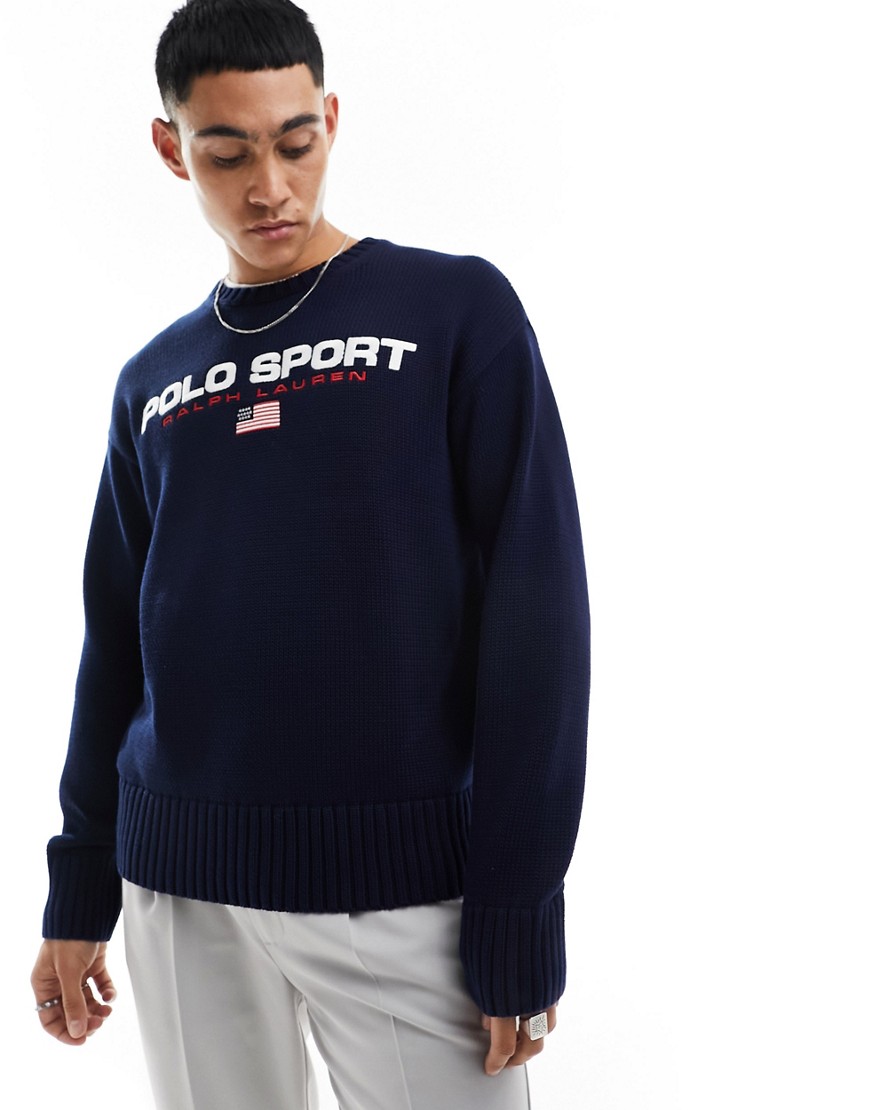 Polo Ralph Lauren Sport Capsule Logo Cotton Knit Sweater Big Oversized Fit In Navy