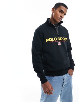 Polo Ralph Lauren Sport Capsule Logo Front Half Zip Sweatshirt In Black