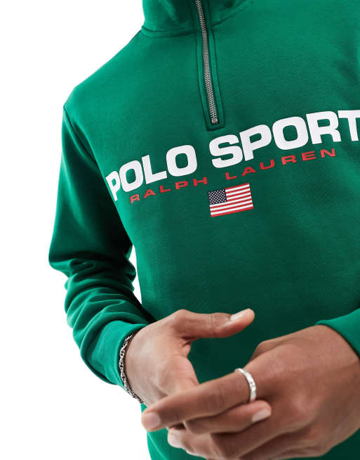 Polo Ralph Lauren Sport Capsule logo front half zip sweatshirt in mid green, 3 of 4
