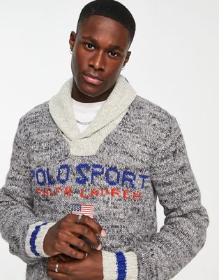 Polo Ralph Lauren Sport capsule logo front shawl collar knit jumper in grey