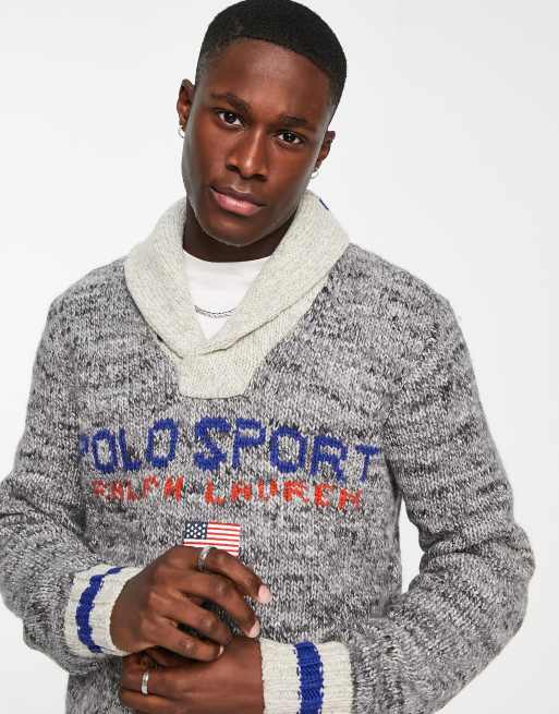 Polo Ralph Lauren Sport capsule logo front shawl collar knit jumper in grey  | ASOS