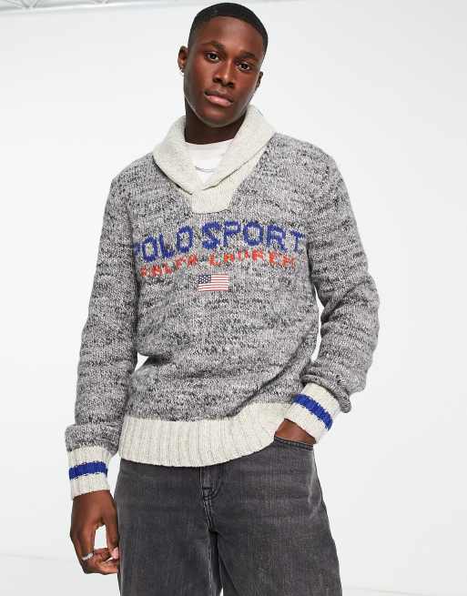 Polo Ralph Lauren Sport capsule logo front shawl collar knit jumper in grey  | ASOS