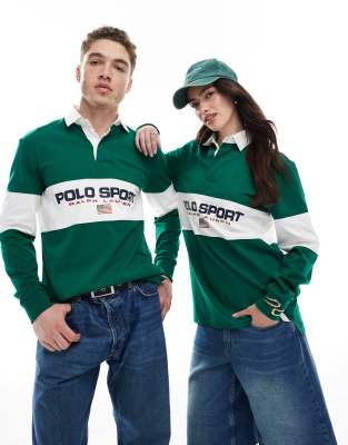 Polo Ralph Lauren - Sport Capsule - Maillot de rugby unisexe coupe oversize standard avec empiècement à logo drapeau sur la poitrine - Vert moyen
