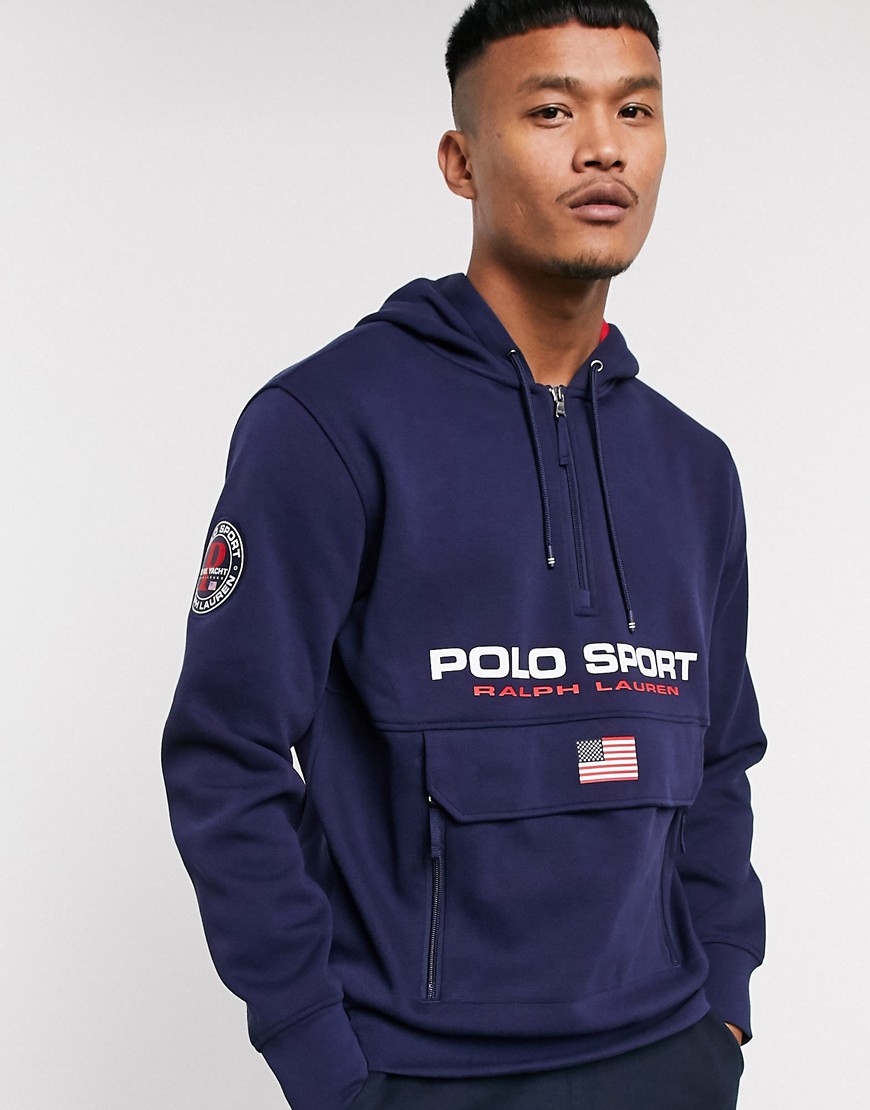 Polo Ralph Lauren – Sport Capsule – Marinblå huvtröja i dubbelstickad piké med logga och framficka