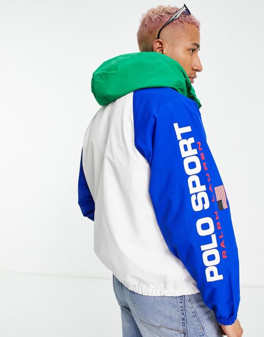 Polo Ralph Lauren Sport capsule nylon plainweave sleeve logo color block hooded rain jacket in pure white multi