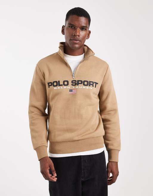 Polo Ralph Lauren – Sport Capsule – Polarowa bluza unisex z zamkiem pod szyją i logo w formie flagi w beżowym odcieniu khaki