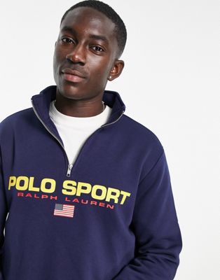 Polo Ralph Lauren Sport capsule retro flag logo half zip sweatshirt in navy - ASOS Price Checker