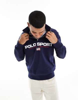 Polo Ralph Lauren Sport capsule retro flag logo half zip sweatshirt in navy