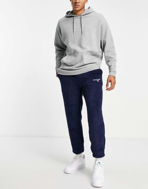 Polo Ralph Lauren Sport capsule retro flag logo shaggy borg cuffed trackies in navy