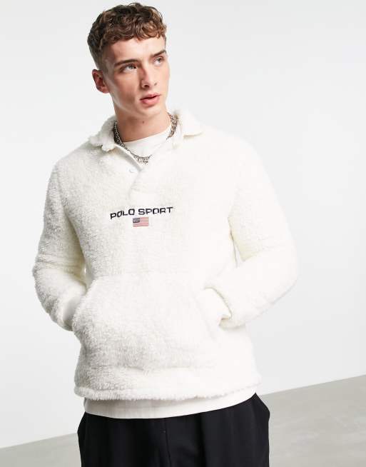 Polo Ralph Lauren Sport capsule retro flag logo shaggy sherpa rugby  sweatshirt in off white