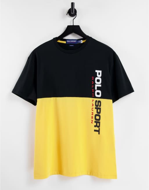 Polo Ralph Lauren Sport capsule retro vertical flag logo colourblock t-shirt  in polo black/chrome yellow | ASOS