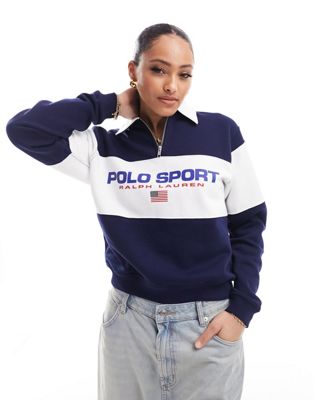 Polo Ralph Lauren Sport Capsule half zip sweatshirt with chest logo in navy - ASOS Price Checker