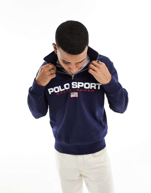 Polo Ralph Lauren – Sport Capsule – Sweatshirt in Marineblau mit Retro-Flaggenlogo und halblangem Reißverschluss