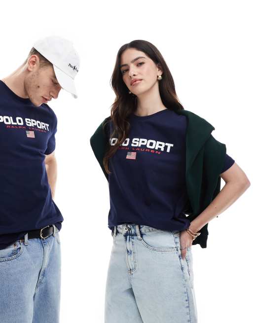 Polo Ralph Lauren - Sport Capsule - T-shirt classica oversize unisex blu navy con logo grande e bandiera sul petto