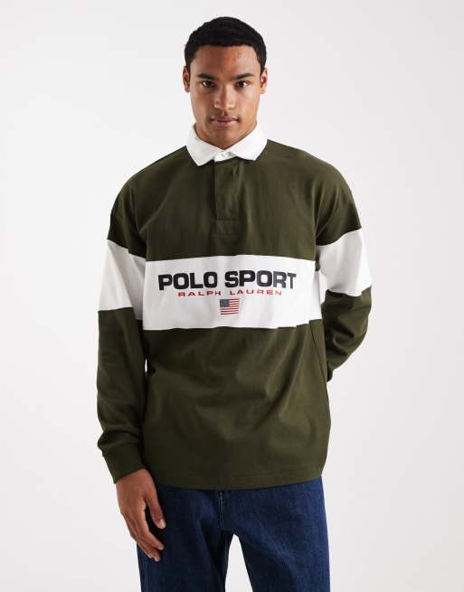 Polo Ralph Lauren - Sport Capsule - Uniseks rugbyshirt met paneel op de borst, flag-logo en oversized pasvorm in olijfgroen