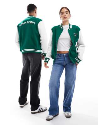 Polo - Sport Capsule - Unisex-Bomberjacke in Mittelgrün und Weiß mit kleinem Logo auf der Brust und College-Prints Weiß 2XL
