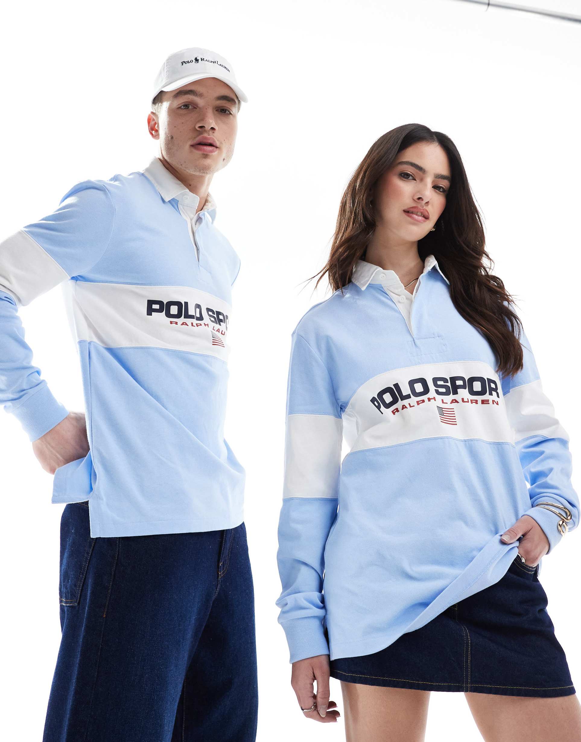 polo ralph lauren sport capsule unisex flag logo chest panel rugby polo classic oversized fit in light blue
